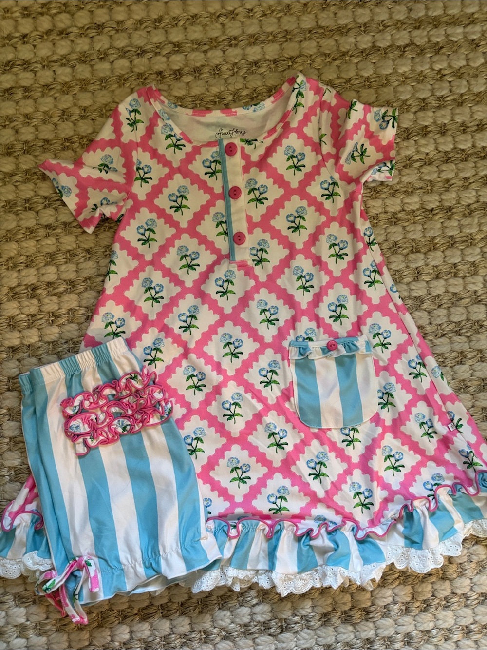 SweetHoney Pink & Blue Floral Henley Sleep Set with Striped Shorts